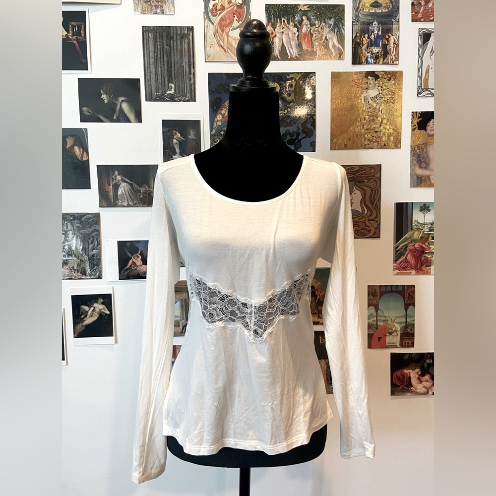Free People White Lace Cut Out Long Sleeve Layering Top L